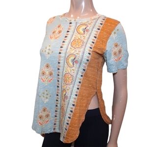 Anthropologie POSTMARK Paisley Top Boho Patchwork Short Sleeve XS Blue Tshirt